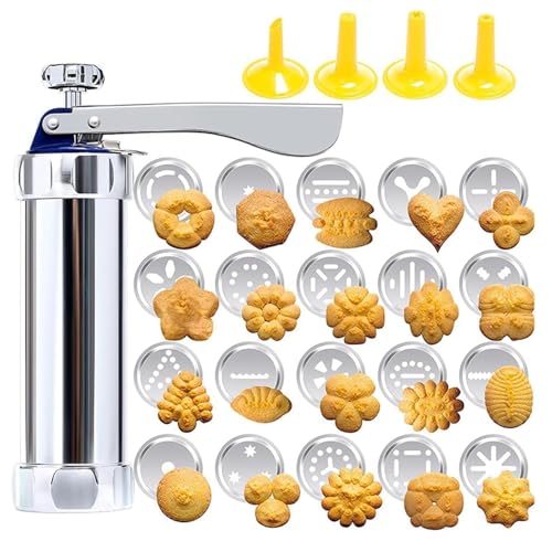 Stainless Steel Cookie Press Gun - Biscuit Maker with 20 Interchangeable Moulds and 4 Nozzles for Decorating Biscuits, Cakes, and Desserts