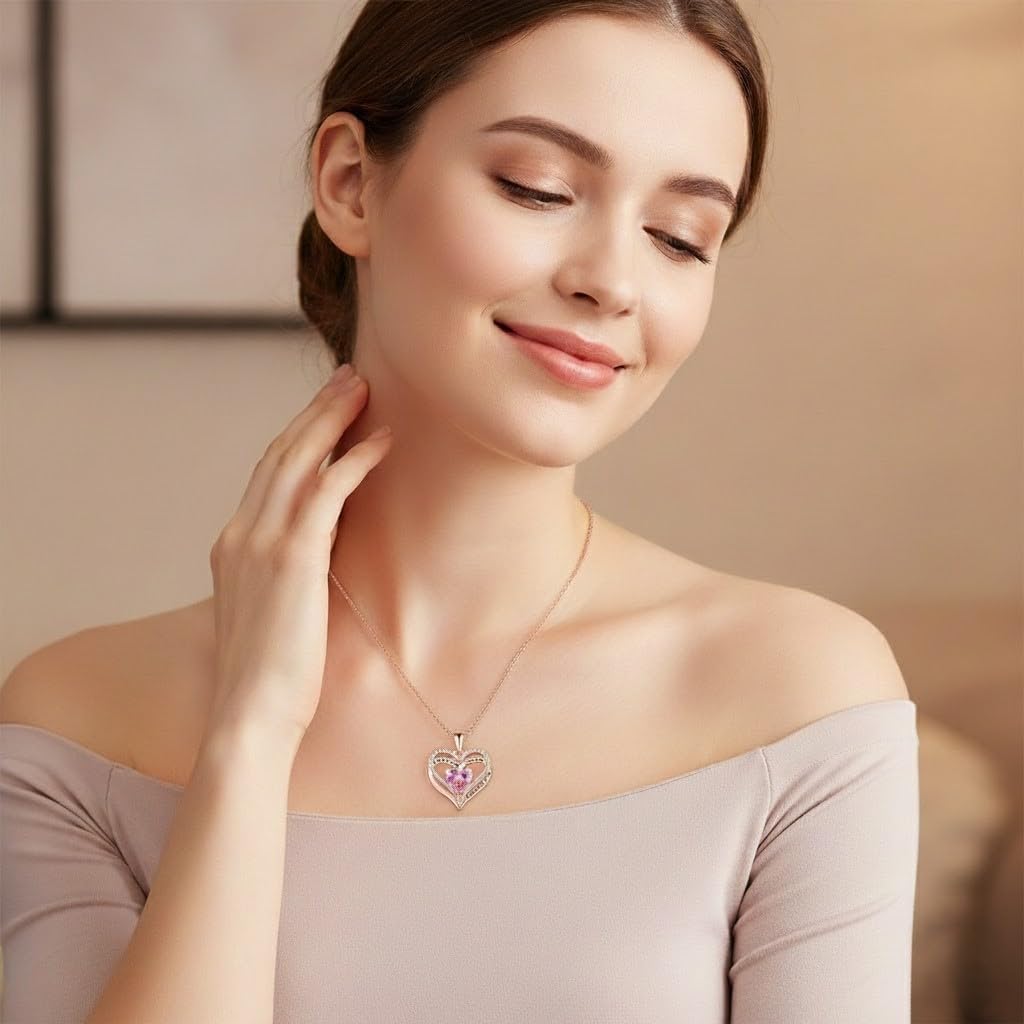 Birthstone Heart Necklace for Women, S925 Sterling Silver Rose Gold Pendant, Jewelry Gift for Wife, Girlfriend, Mom, Daughter, Anniversary Birthday Valentine’s Day - Image 6