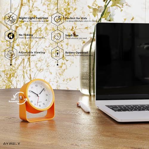 AYRELY® 3.5 Inch Small Analog Alarm Clocks,Battery Operated Desk Clock,Cute Table Clock with Light，Adjustable Angle for Travel,Bedside,Bedroom,Kids,Living Room Decor(Orange) - Thumbnail 2