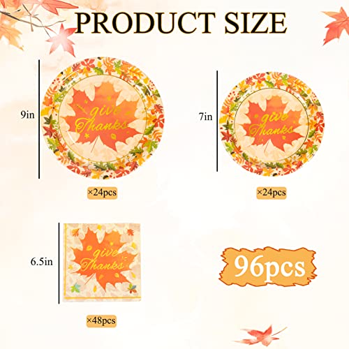 96Pcs Thanksgiving Paper Plates And Napkins Disposable Dinnerware Set Serves 24- Autumn Gold Foil Give Thanks 9" & 7” Paper Plates Napkins For Fall Thanksgiving Themed Party Supplies Tableware Kit #TOP2