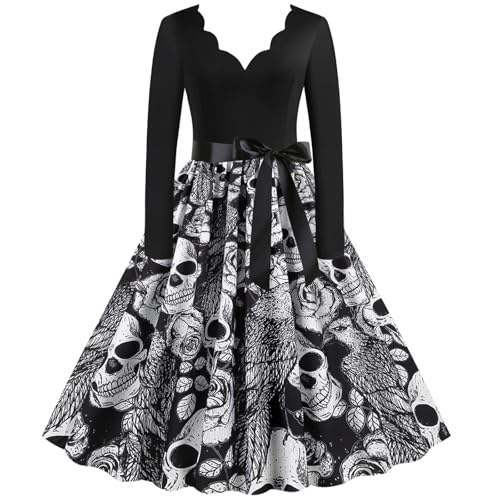 Costume di Halloween per Donna Nero Halloween Cosplay Cocktail Party Gonna di Modello con Teschio e Rosa, Maniche Lunghe da Festa Costume di con Scollo a V Petalo Carnevale Testa di Scheletro Design