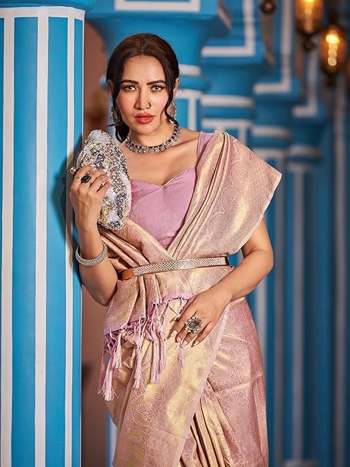 Womens Kanjivaram Silk Saree with Zari Woven Saree With Blouse Piece