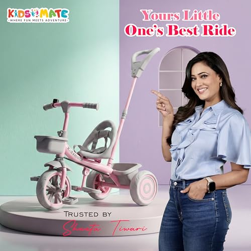 Image of Kidsmate Junior Tricycle for Kids with Parental Control | Cycle for Kids 1-4 Years | Baby Cycle | Bicycle with Storage Basket, Cushion Seat and Seat Belt Carrying Capacity 30 Kgs (Pink-Grey)