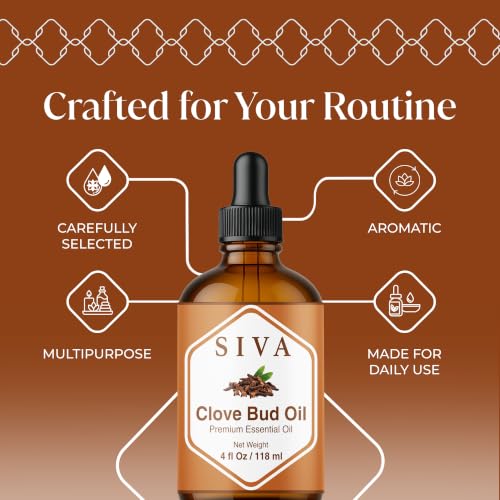 Image of Siva Clove Bud Essential Oil, Glass Bottle with Dropper, 4 Fl Oz (118 ml) | Clove Bud Oil for Diffuser, Humidifier, Home Fragrance, Oral Care, Body Massage, Soap Making, Candle Making & DIY Projects