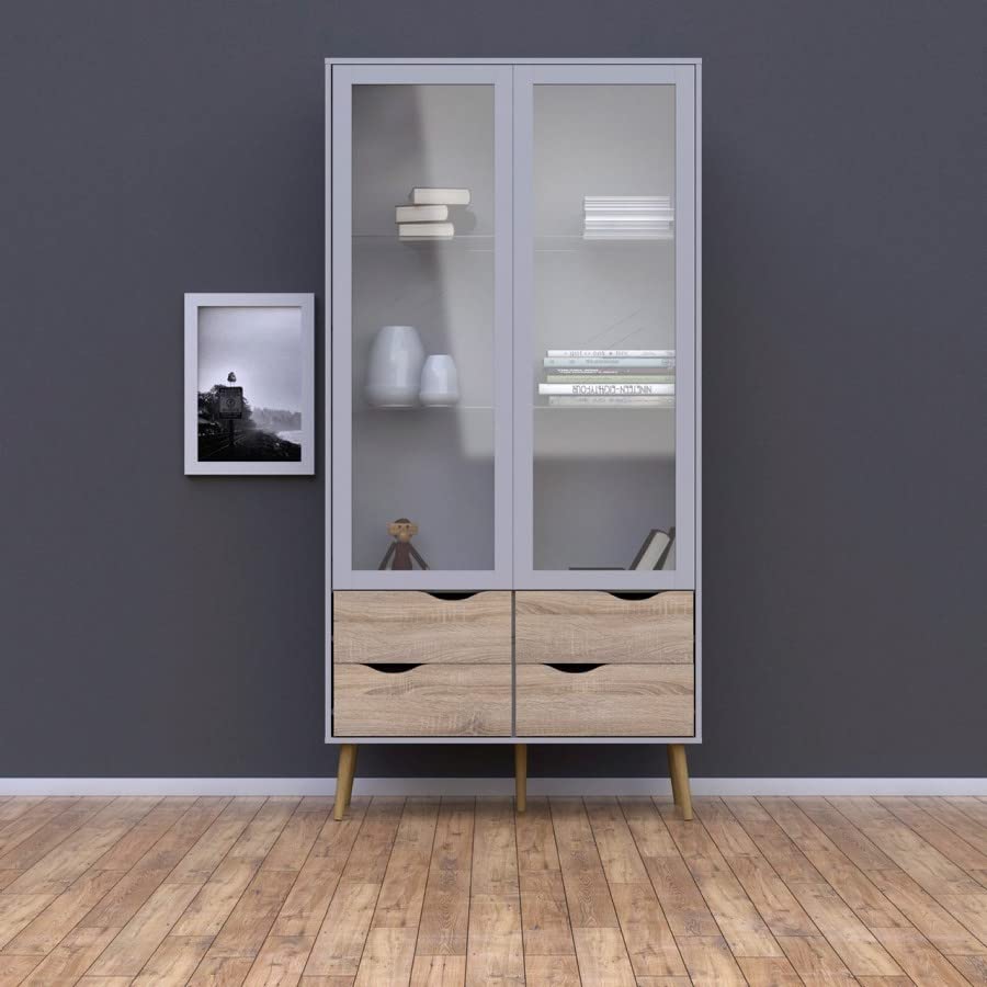 Vitrina salón 200 cm blanco mate y roble con cajones para almacenamiento comedor