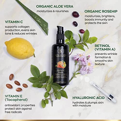 Organic Vitamin A,C,E Serum for Face 100 ml  with Hyaluronic Acid and Aloe Vera - Hydrating Vitamin C Serum - Face care for all Types of Skins - Clean Beauty and Vegan  Satin Naturel