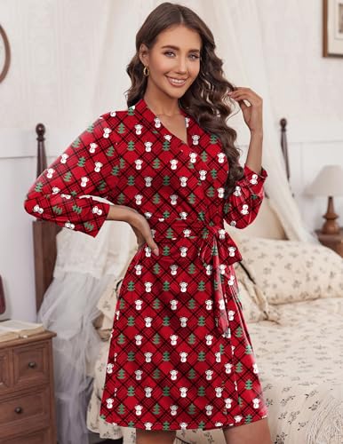 Image of Ekouaer Women's Robes Lightweight 3 /4 Sleeve Short Knit Bathrobe Soft Knee Length Sleepwear Robes with Pockets S-XXL