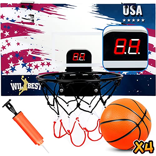 Wilbest Mini Basketball Hoop with Electronic Scoreboard 17"X 13" Over The Door Basketball Hoop Set Indoor Basketball Toy for Kids & Adults