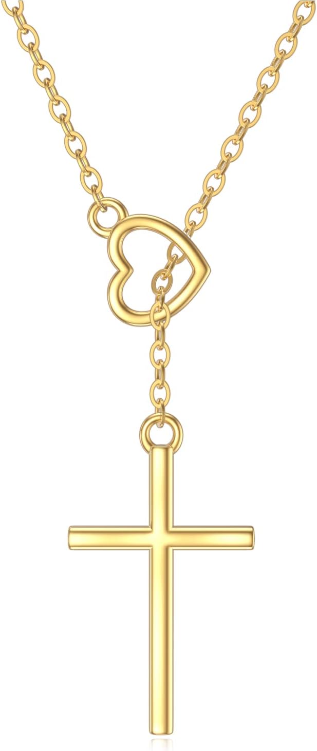 SISGEM 14K Real Gold Cross Necklace for Women,Yellow/White Gold Small Heart Cross Y-Necklaces,Anniversary Birthday Jewelry Present for Wife Mom 16''+2''