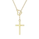 14K Real Gold Cross Necklace for Women,Yellow/White Gold Small Heart Cross Y-Necklaces,Anniversary Birthday Jewelry Present for Wife Mom 16''+2''