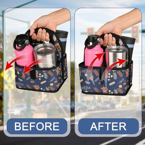 Beautyflier Reusable Insulated Coffee Cup Carrier, Portable Drink Holder with Handle Organizer Tote Bag for Hot & Cold Drinks (Blue Plants) by Beautyflier - Image 3
