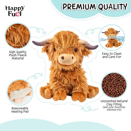 Image of Highland Cow Microwavable Stuffed Animal - 1.5 lb Unscented Heating Pad Plush, Soft Cozy Cute Cow Toy for Relaxation and Comfort, Gift for Women, Girls, Adults & Kids by Happy Fuel