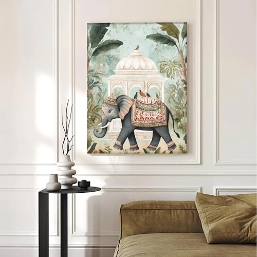 Image of PAINTINGMANTRA Classic Indian art Of Elephant in Mughal Garden | Canvas Painting Stretched on Wood | Suits For Living Room, Bedroom, Hallways (16x22 Inch)
