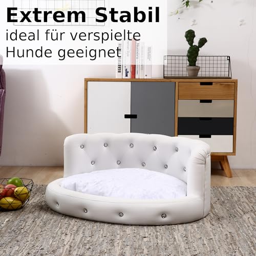 DaMi Luxus Hundebett I Premium Hundeschlafplatz mit großen Strasssteinen, Hundekissen Hundematratze Dogbed waschbar, Hundezubehör Hunde Dog Bed Bett Matratze Körbchen, 35x73x63 cm Oval Weiß