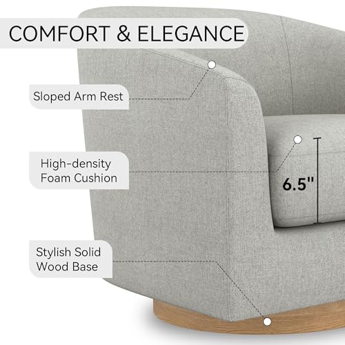 Image of Swivel Accent Chair, Upholstered Modern Barrel-Curved Armchair, Linen Fabric Comfty Sofa Reading Chair with Solid Wood Base for Bedroom, Club, Living Room, Light Grey
