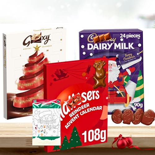 تقويم شوكولا ادفنت لعام 2025 - عبوة من 3 قطع مع شوكولاتة ديري ميلك وجالكسي ومالتسرز - شوكولاتة الكريسماس - حشو جوارب مع مجموعة تلوين الكريسماس وبطاقة