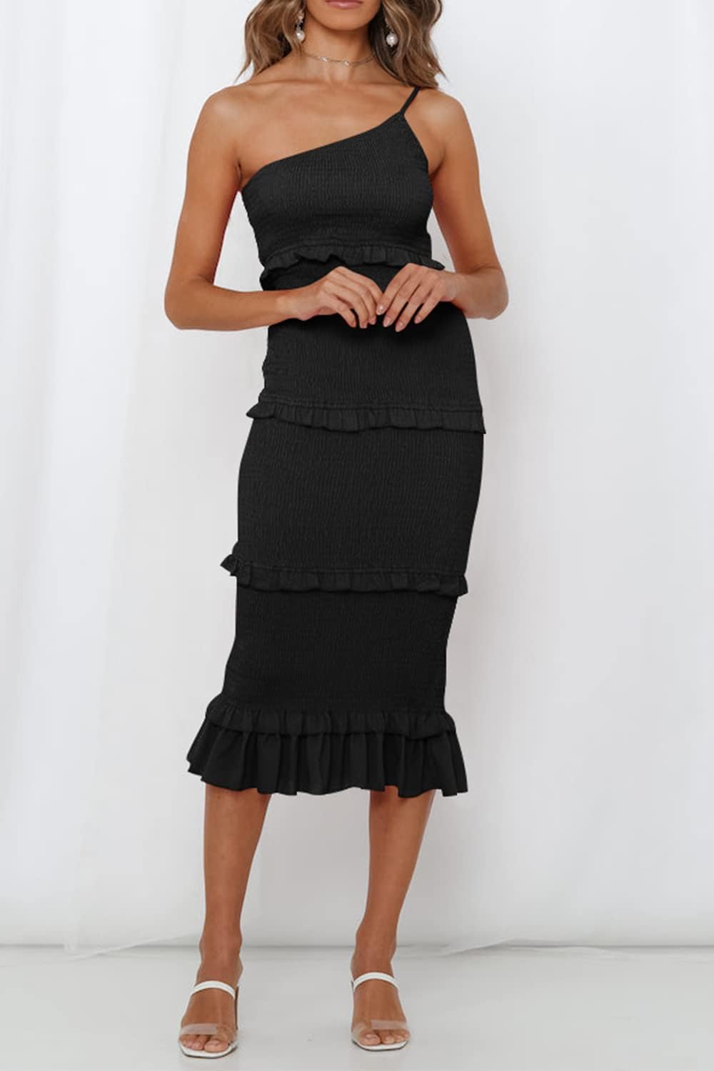 PRETTYGARDEN Women's Summer Midi Bodycon Dresses One Shoulder Strappy Tiered Ruffle Floral Boho Sun Dress - Image 7