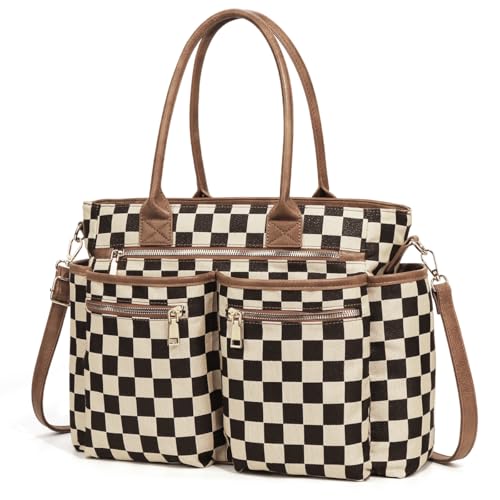 Bolso tote grande a cuadros para mujer con cremallera miniatura 1