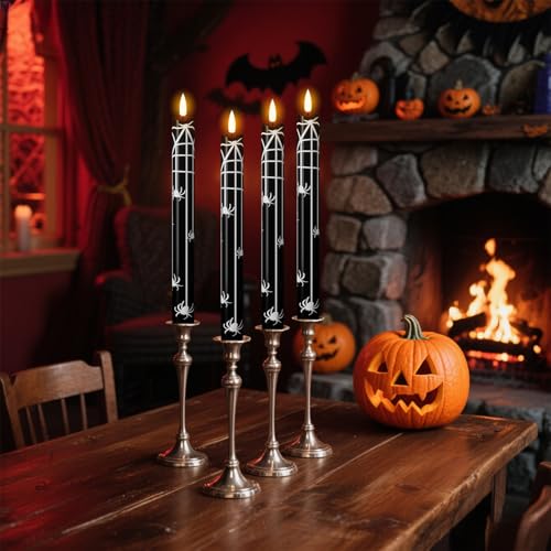 Image of Eldnacele Halloween Spider Flameless Taper Candles Battery Operated with Remote Timer, Set of 4 Black Real Wax 3D Wick LED Flickering Candles Spooky Halloween Indoor Decor(0.78 inch D x 9.64 inch H)