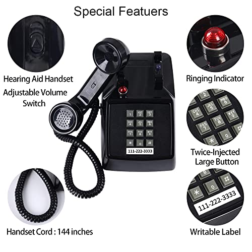 Image of HTMengt Retro Traditional Landline Phone (Ringing Indicator), Classic 2500 Analog Desk Phone Hearing Aid for Senior, Vintage Corded Telephone for Landline Metal Bell,Old School Phone Home,Black