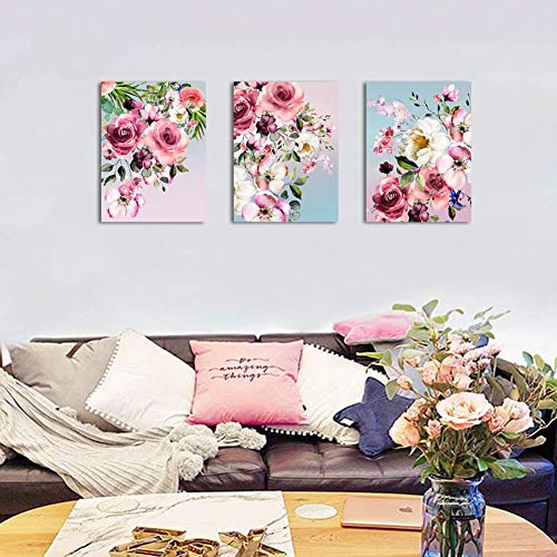 Flower Canvas Wall Art For Bedroom Woman Wall Decor Pink White Flowers Picture 3 Piece Framed Artwork Modern Plant Floral Canvas Prints For Kitchen Home Bathroom Girls Room Wall Decoration 12"X16" #TOP5