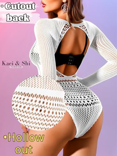 Image of Kaei&Shi Sexy Hollow Rave Outfits, Fishnet Bodysuit Fits US Women Sizes 0-18, Sheer Lace Glow Party Tops Festival Mesh
