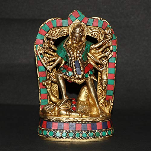 Kartique Brass Maa Kali Statue | Adi Shakti Ma Goddess Murti Idol Aadya Chamunda Kamakshi Muliticolor Stone Chips Decoration Height 6.75 Inches