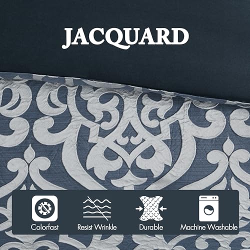 Image of Madison Park Odette Cozy Comforter Set Jacquard Damask Medallion Design - Modern All Season, Down Alternative Bedding, Shams, Decorative Pillows, King(104 in x 92 in), Navy 8 Piece | All Season Down Alternative Bedding with Comforter, Shams, Bed Skirt, Decorative Pillows, Navy