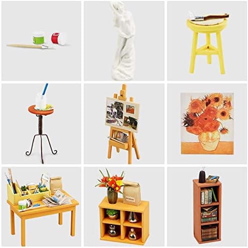 Grid of individual miniature components for the DIY house, including tiny paint tubes, brushes, a stool, an easel, and books.