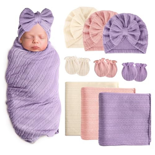Image of AQOKKA Newborn Receiving Blanket with Bow Hat Mittens Set Wheat-Pattern Newborns Toddler Baby Boy Girl Nursery Swaddle Wrap