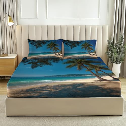 Drap housse 140x200 bleu microfibre élastique palmier - 2