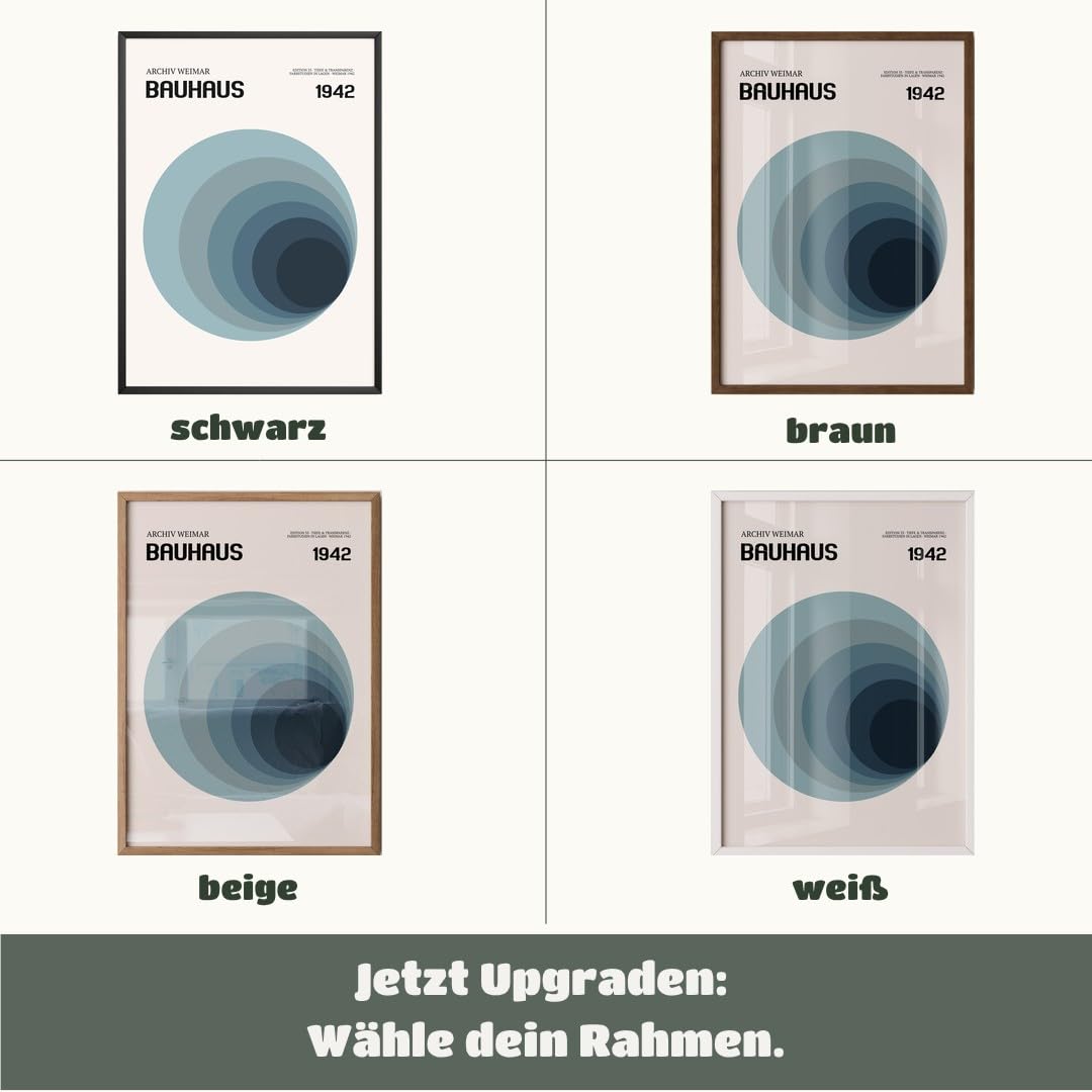 MJ-GRAPHICS® Poster Bauhaus Kunstdruck abstrakt Wandbild Weimar Farben Deko minimalistisch Wohnzimmer Kunstskulptur Retro geometrisch Blau Grau Flur Design A2 mit braunem Rahmen