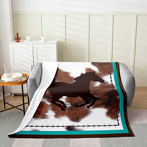 Horse All Season,Bed Blanket Plush Throw Blanket, Rustic Western Cowboy Cowhide Print Flannel Fleece Blanket for Sofa Couch Bedroom Decor Retro Farmhouse Horse Teal Blue Brown Throw 50"x60"