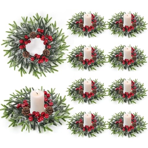 Image of 8 Pcs Christmas Candle Rings Wreath Mini Christmas Table Centerpieces Red Berry Pinecones Wreaths for Kitchen Cabinet for Holiday Table Centerpiece Farmhouse Front Door Porch Wall Decoration