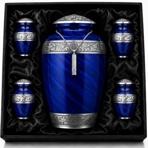 Image of Blue Urns Set of 6 Funeral & Cremation Urns for Human Ashes Adult Man /Woman with 1 Large Blue Urn for Ashes Adult Male with a Customizable Medallion & Ash Necklace with 4 Matching Small Urns