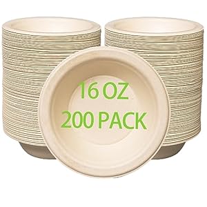 16 oz Compostable Paper Bowls 200pack, Heavy-Duty, Eco-Friendly, Bulk Pack, Disposable Bowls, Biodegradable Made of Sugar Cane Fibers, Hot or Cold Use(natural)