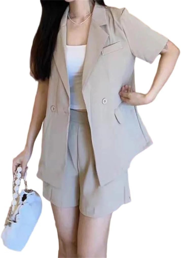 Women Khaki Short Sleeve Blazer Set, Temperament Blazers High Waist Shorts Elegant Two-Piece Outfits