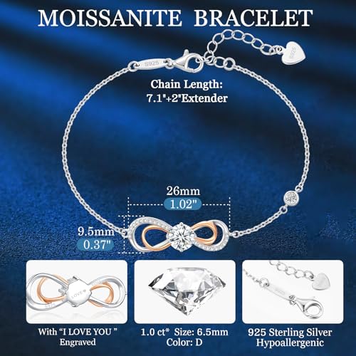 Moissanite Infinity Heart Bracelets for Women,925 Sterling Silver,18K Gold Plated,Adjustable Anniversary Birthday Fine Jewelry Gifts for Wife Her Mom3