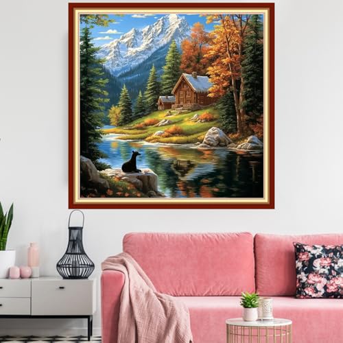 Image of Redxing Stamped Cross Stitch Kits Embroidery kit for Beginners Adults Full Range of Embroidery Patterns Starter Kits DIY Printed Cross Stitch Kits Needlepoint Kits 11CT-Lakeside Scenery 18x18 inchs