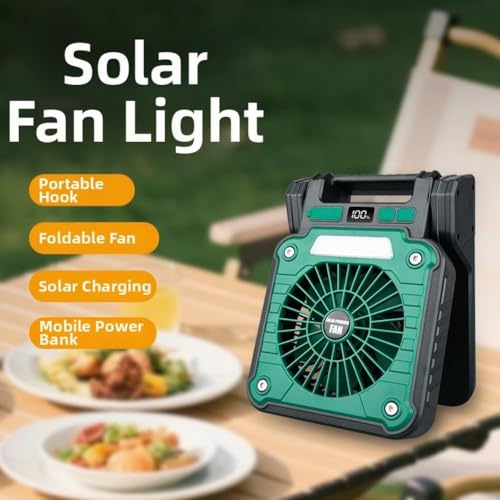 Ventilador de camping con luz LED, recarga solar/USB y cabezal ajustable ABS 8