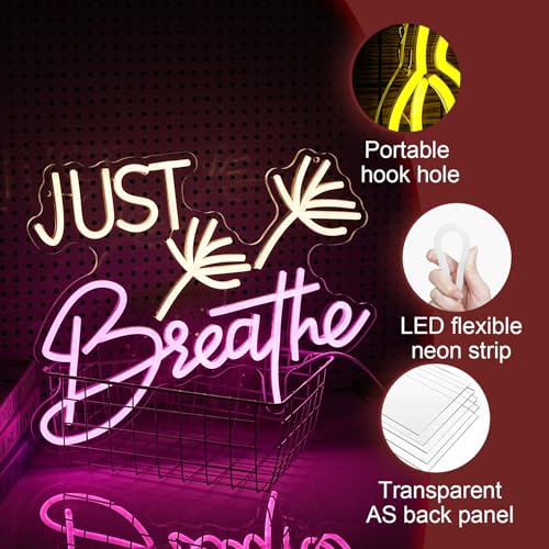 Image of Just Breathe Neon Sign Dimmable Breathe Neon Signs Light Up Sign for Wall Decor LED Letters Neon Light by USB for Bedroom Yoga Studio Gym Reading Room(12.6 * 16.5In)