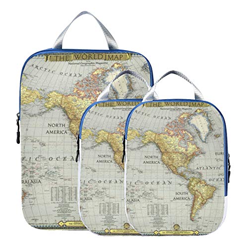 Baofu World Map Compression Packing Cubes Travel-Expandable Foldable Luggage Organizer Set Lightweight Large Storage Suitcase Bag(3Pcs) #TOP12