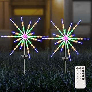 MDEDL Solar Garden Lights Outdoor, 2 Pack 112 LED Solar Firework Lights Waterproof, 8 Modes Starburst Lights with Remote for Garden Pathway Backyard Christmas Party Wedding Decorations(Multi Colour)