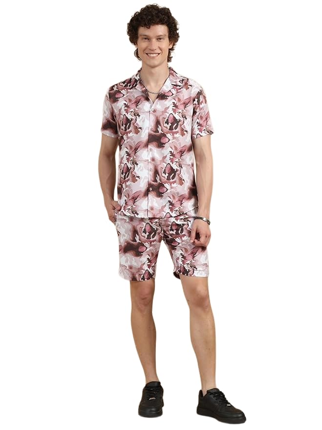 bushirt Men’s Casual Co-Ords Set Half-Sleeve Rayon Printed with Lapel Collar & Comfortable Shorts - Regular Western Style Night Suit Pastel Pink-M-picture-23