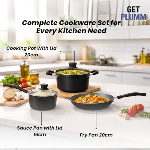 Image of Get Plumm Non-Stick Ceramic Cookware Set of 5 | Cooking Pot, Sauce Pot & Kadhai, Fry Pan, Sauce Pan | 24-20-16cm |Induction & Gas Compatible | Black