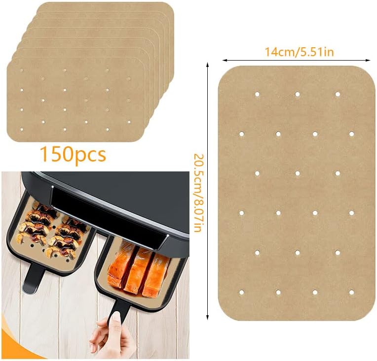 150PCS Air Fryer Liners Air Fryer Paper Liners Unbleached Air Fryer Parchment Paper Liners Rectangle Parchment Paper Perforated Parchment Paper Nonstick Air Fryer Liners for Baking Ninja Foodi Dual