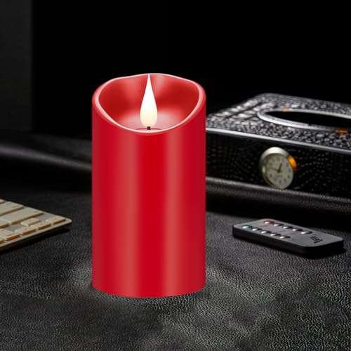 Image of Rechargeable Flameless Candles, Battery Operated Candles with Remote and Timers, Flickering LED Pillar Real Wax Red USB Candle 3D Wick for Home, Wedding, Halloween, Christmas 3 inch x 4 inch