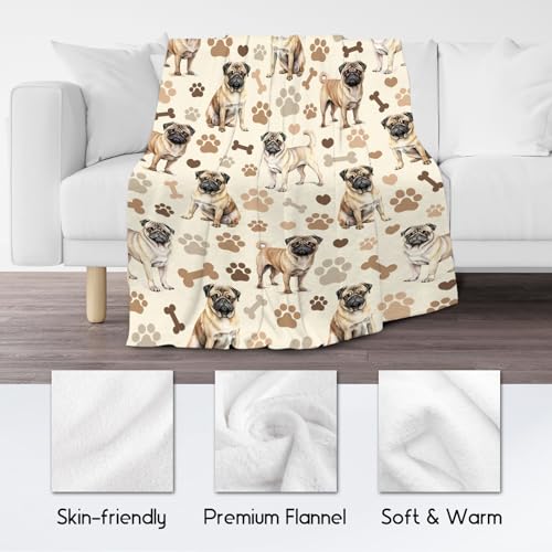 Pug Blanket with Women Men, 60x80 Inches Blanket with Dogs on it, Cozy Soft Throw Gifts for Dog Lovers, Cute Flannel Throw Blankets for Bed Couch
