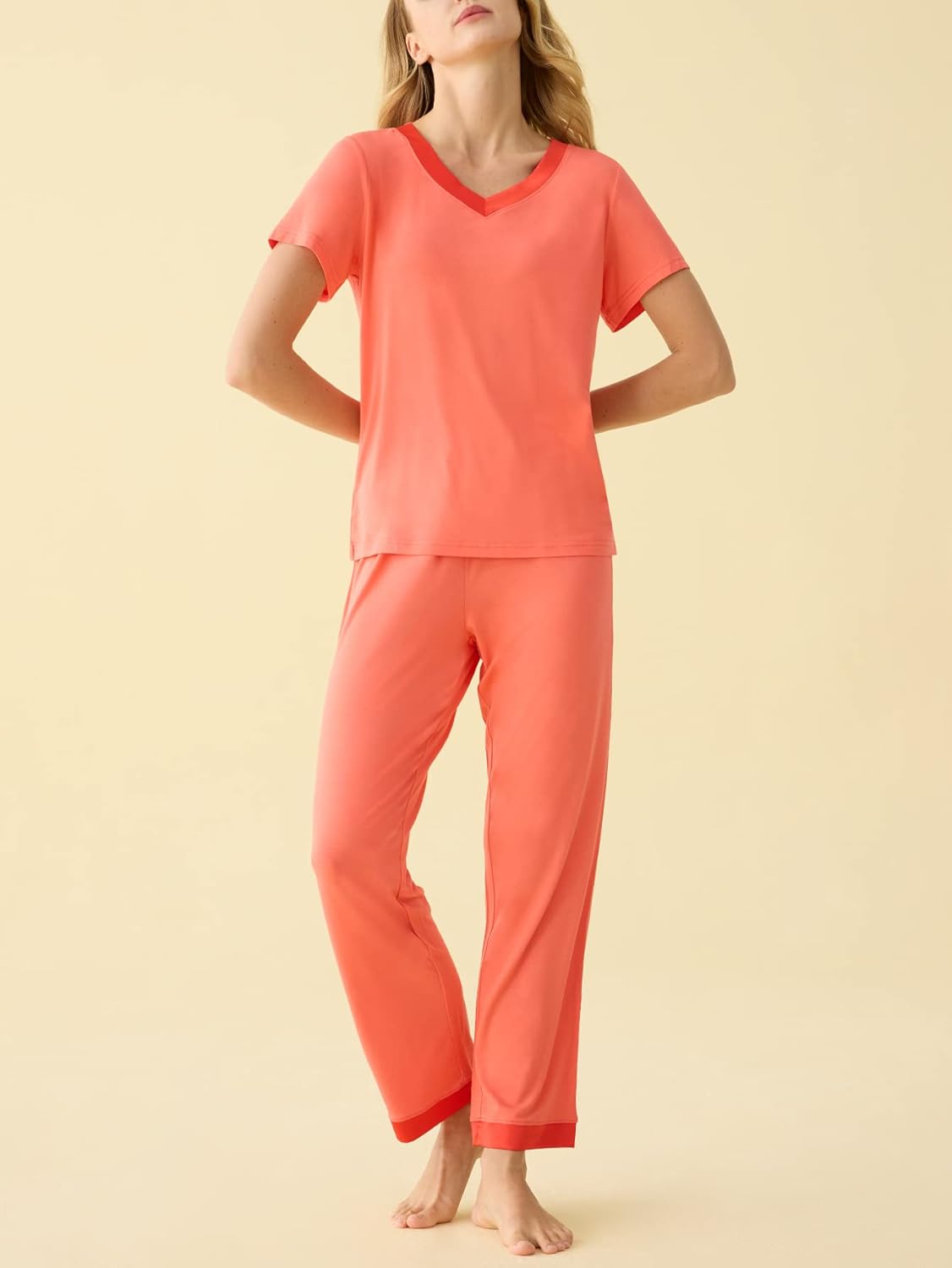 Latuza Women's V-neck Sleepwear Short Sleeves Top with Pants Pajama Set - Image 2
