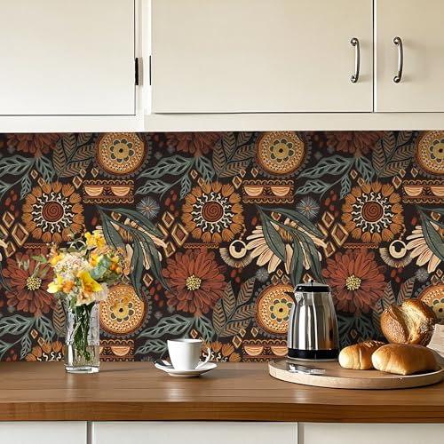 Papel pintado floral bohemio marrón de vinilo impermeable 8